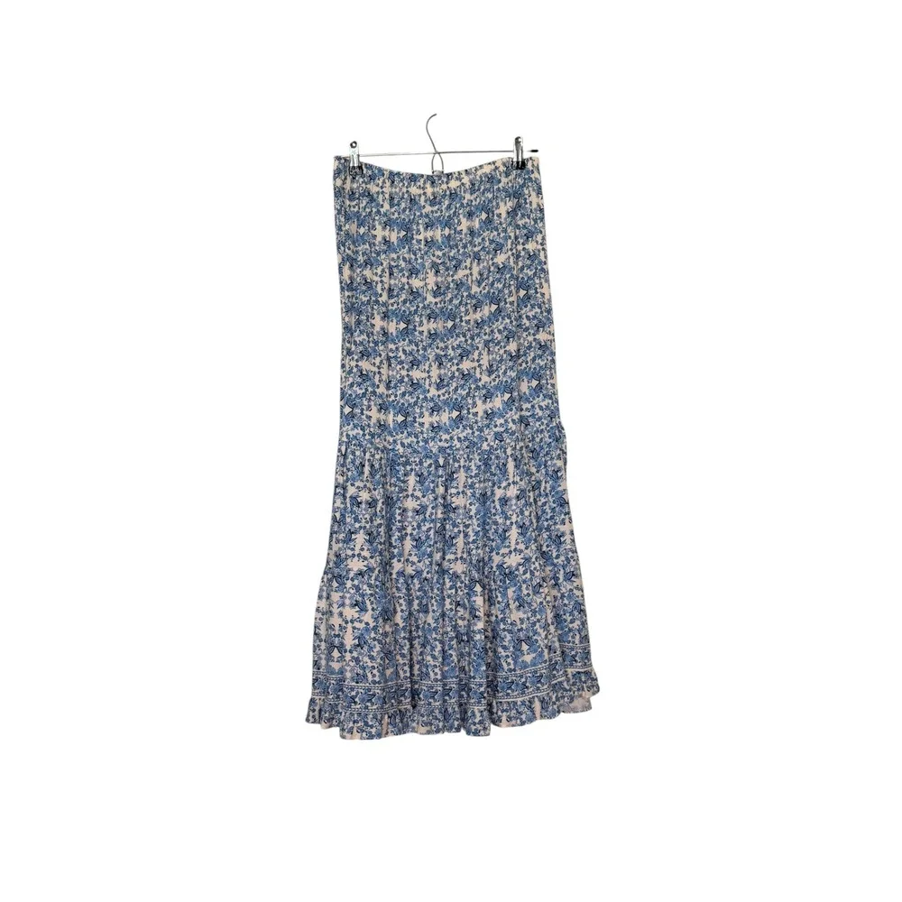 Max Studio London Blue White Floral Tiered Maxi Skirt Size M Boho Chic Relaxed